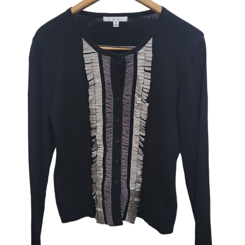 CAbi 172 Black Fringe Tuxedo Cardigan M Cotton Cashmere Quietlux Layering Piece